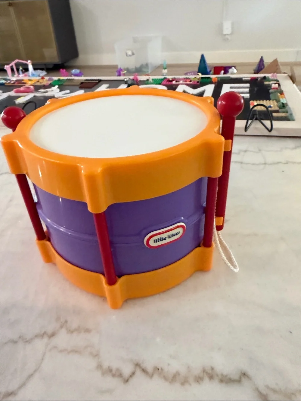 Little Tikes TOY DRUM with Drumsticks attached Red Blue Yellow Plastic Vintage